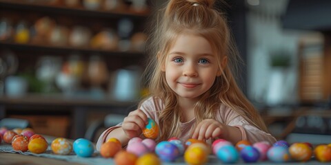 Fototapeta premium The girl is happily preparing for Easter, painting eggs, surrounded by colorful decorations and laughter.