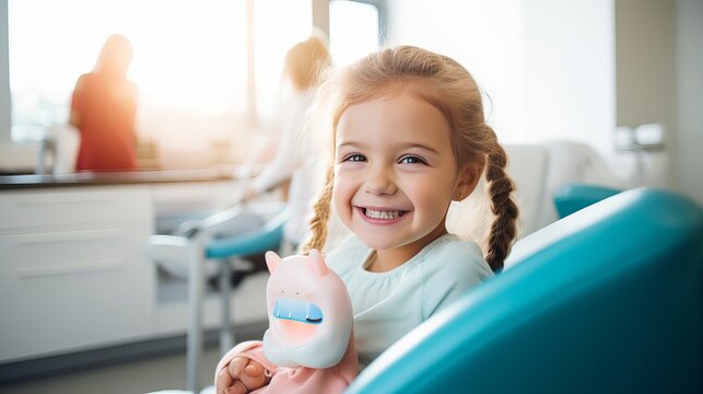 At the doctor's appointment. A candid emotional photo of a child sitting in a dental chair, holding a toy rabbit and cheerfully giving a high-five to the nurse