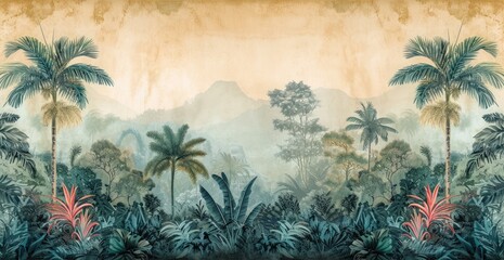 wallpaper jungle and leaves tropical forest - drawing vintage