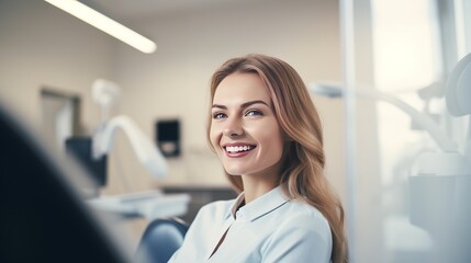Fototapeta premium Attractive young woman in stomatology clinic with male dentist. Healthy teeth concept