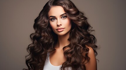 Naklejka premium Beauty brunette girl with long shiny curly hair . Beautiful smiling woman model wavy hairstyle . Cosmetology, cosmetics and make-up