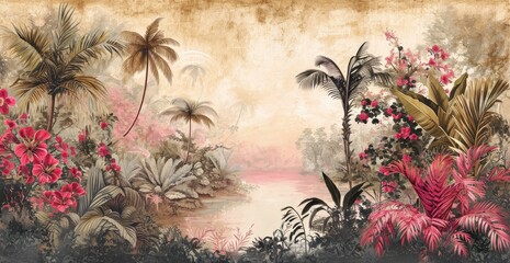 wallpaper jungle and leaves tropical forest - drawing vintage