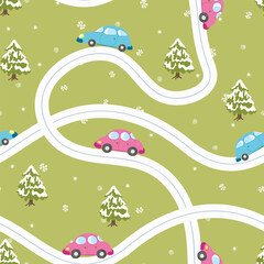 Seamless pattern with cute cars, christmas tree on color winter background. Cartoot transport. Vector illustration. Doodle style. Design for baby print, invitation, poster, card, fabric, textile