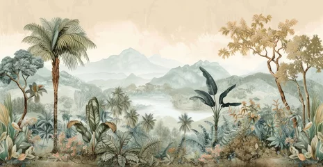 Fotobehang wallpaper jungle and leaves tropical forest - drawing vintage © Andrus Ciprian