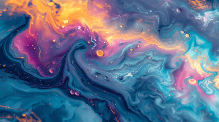 Liquid galaxies intertwining, creating mesmerizing patterns in the realm of abstract marbling photography.