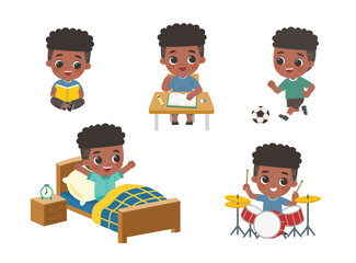 The daily routine of a cute boy on a white background. [wake up, read , learn, play football and drum set ]