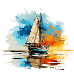 A vivid painting of a sailboat in the wind passing through the waves at sea.