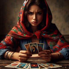 reading tarot cards, , face closeup, sit on a old table, photography,  created by generative ai - obrazy, fototapety, plakaty