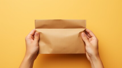 Close up male hold in hand glove brown clear empty blank craft paper bag for takeaway isolated on yellow background. Packaging template mockup. Delivery service concept. Copy space
