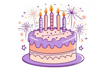 A flat illustration a charming birthday cake in purple and pastel peach, adorned with candles, set against a vibrant background.