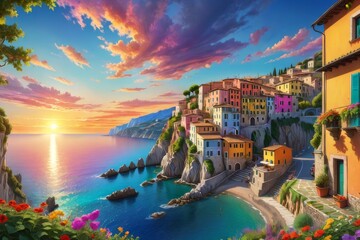 picture of a town on a cliff by the ocean - obrazy, fototapety, plakaty