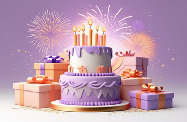 A birthday cake in enchanting purple and pastel peach, adorned with candles, gift boxes ,set against a brilliant firework scene,3d illustration.Birthday greeting card concept,anniversary card concept.