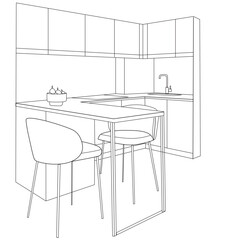 Interior sketch of modern kitchen. Line art illustration