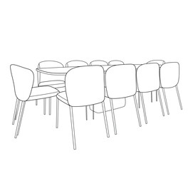 Hand drawn vector line art sketch of a dining table with ten chairs. Meeting room