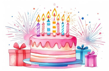 A birhtday cake in pink tones, candles glowing, set against a dazzling firework and gift boxes scene.,flat illustration.