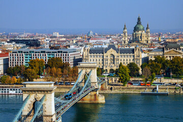 Szechenyi Chain Bridge over Danube river scape at landscape Budapest Hungarian