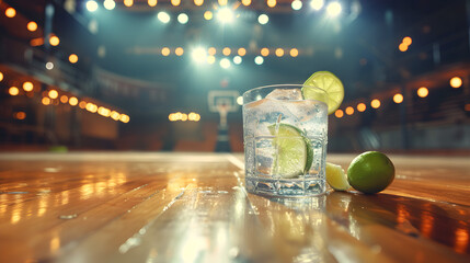 Cinematic wide angle photograph of a gin tonic sparkling cocktail with lime at a basketball stadium. Product photography.