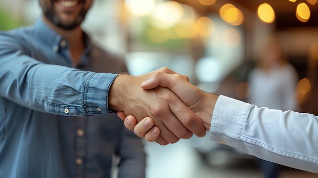 A car salesman shaking hands with a satisfied customer. AI generate illustration
