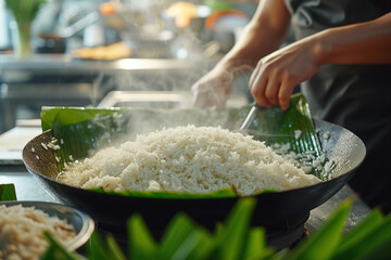 Visualize fragrant jasmine rice being rinsed and then soaked in rich coconut milk, alongside knotted pandan leaves and a pinch of salt. - obrazy, fototapety, plakaty