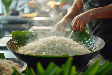 Foto op Aluminium Visualize fragrant jasmine rice being rinsed and then soaked in rich coconut milk, alongside knotted pandan leaves and a pinch of salt. © HADAPI