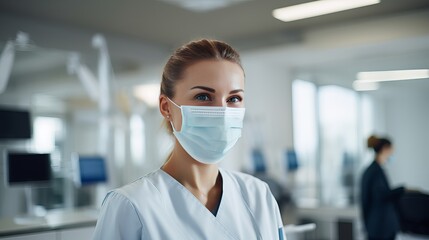 European mid pleased dentist woman in face mask working in dental clinic