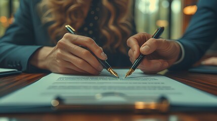 Close-up of a businesswoman signing a contract. AI generate illustration - obrazy, fototapety, plakaty