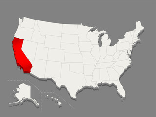 Fototapeta na wymiar The state of California is highlighted in red on a minimalistic map of the USA in white on dark background. Thin clean lines. Vector illustration.