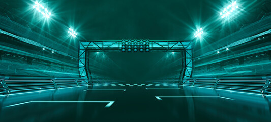 Futuristic racing track and pole position with finish gate and illuminated stadium tribunes at night.