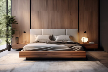 Comfortable modern bedroom with elegant wood