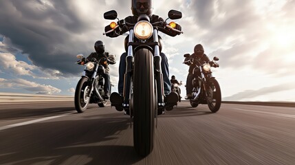 Group of bikers man riding speed motorcycle on empty motion road. A pack of daredevils conquering the road with speed.