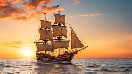 Fototapeta premium Small sailing ship in the open sea at sunset. The Golden Horizon, a magnificent vessel from the 17th century, adorned with golden accents and a grandeur that captures the imagination.