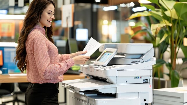 A woman handling the office printer with expertise. Woman in the office with a printer.