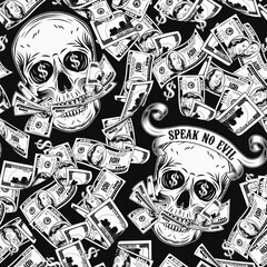 Seamless pattern with skull, money, pile of 100 dollar bills, dollar sign. Creative interpretation of Three wise monkeys concept. Text Speak no evil, mouth full of cash. Corruption concept. Not AI