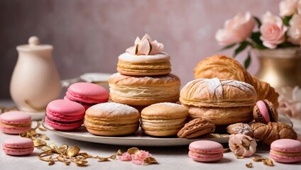 colorful macaroons on a wooden table in box