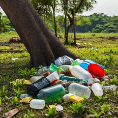 Fototapeta premium Plastic black rubbish bags and waste discarded into the environment. A polluted world. Earth protection concept