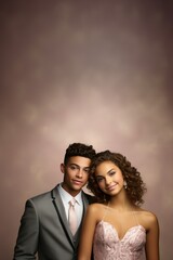 Elegant Hispanic or Latin Young Couple Dressed for a Formal Prom Night, Open Empty Copy Space for Text within a Poster, Invitation or Announcement, Fill in the blank, Vertical Portrait
