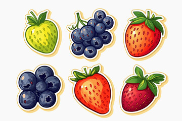 Separate stickers of strawberries and blueberries on white background. Ready solutions for your design