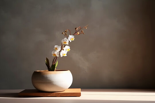 Beautiful blooming orchid in vase on wooden podium. Beige background with copy space for your design