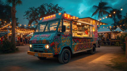 a food truck mock-up at a lively outdoor music festival.