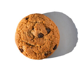 One large oatmeal raisin cookie on a gray background with shadow