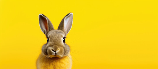 Fototapeta na wymiar Adorable bunny rabbit with alert ears against a vivid yellow background, showcasing a cute expression.