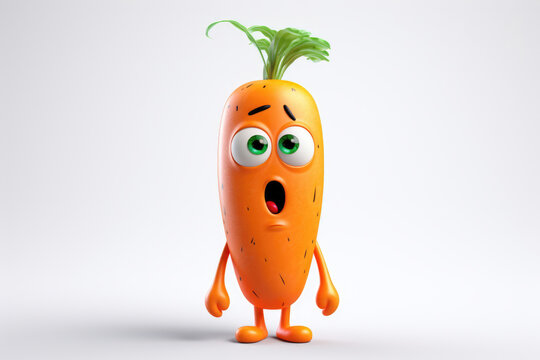 Animated carrot character with big eyes and a surprised expression on a white background.