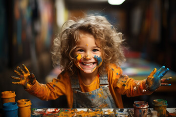 Creative kid art courses concept. Laughing elementary school child with stained shirt and dirty face on room background looking into the camera with playful look, looking into camera