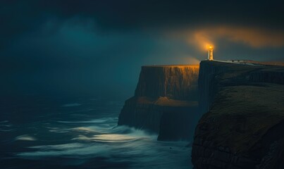 lighthouse on a coastal cliff, on a stormy night