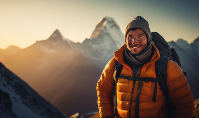 Fototapeta na wymiar Male hiker traveling, walking alone in Himalayas under sunset light. Man traveler enjoys with backpack hiking in mountains. Travel, adventure, relax, recharge concept.
