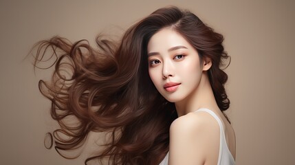 Naklejka premium Young Asian beauty woman curly long hair with korean makeup style touch her face and perfect skin on isolated beige background. Facial treatment, Cosmetology, plastic surgery