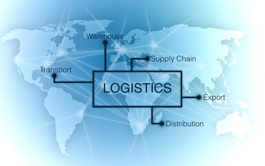 Logistics - blue background with world map and linked dots, parcel handling center, supply chain, distribution center, globalization, sales, supply chain
