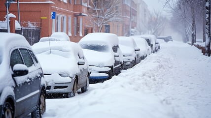 Fototapeta premium Snow-Covered Cars Lined Up During Snowfall