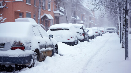 Snow-Covered Cars Lined Up During Snowfall