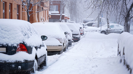 Snow-Covered Cars Lined Up During Snowfall